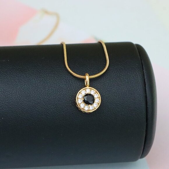 "Black Center Round Pendant in Rose Gold with Crystal Halo, XPPT1595 - Picture 4 of 13